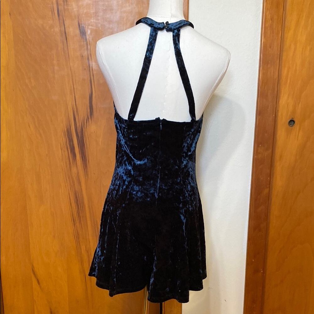 Midnight Blue Velvet Romper Halter Open Back Sleeveless High Neck Whimsigoth - Picture 5 of 11